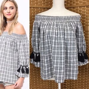 VERY J Plaid Ricrac Tassel Blouse Sz S EUC